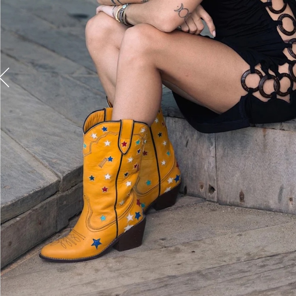 Chasing Unicorns Yellow Leather Cowboy Boots with Multicolor Star Appliqués - Picture 2 of 9